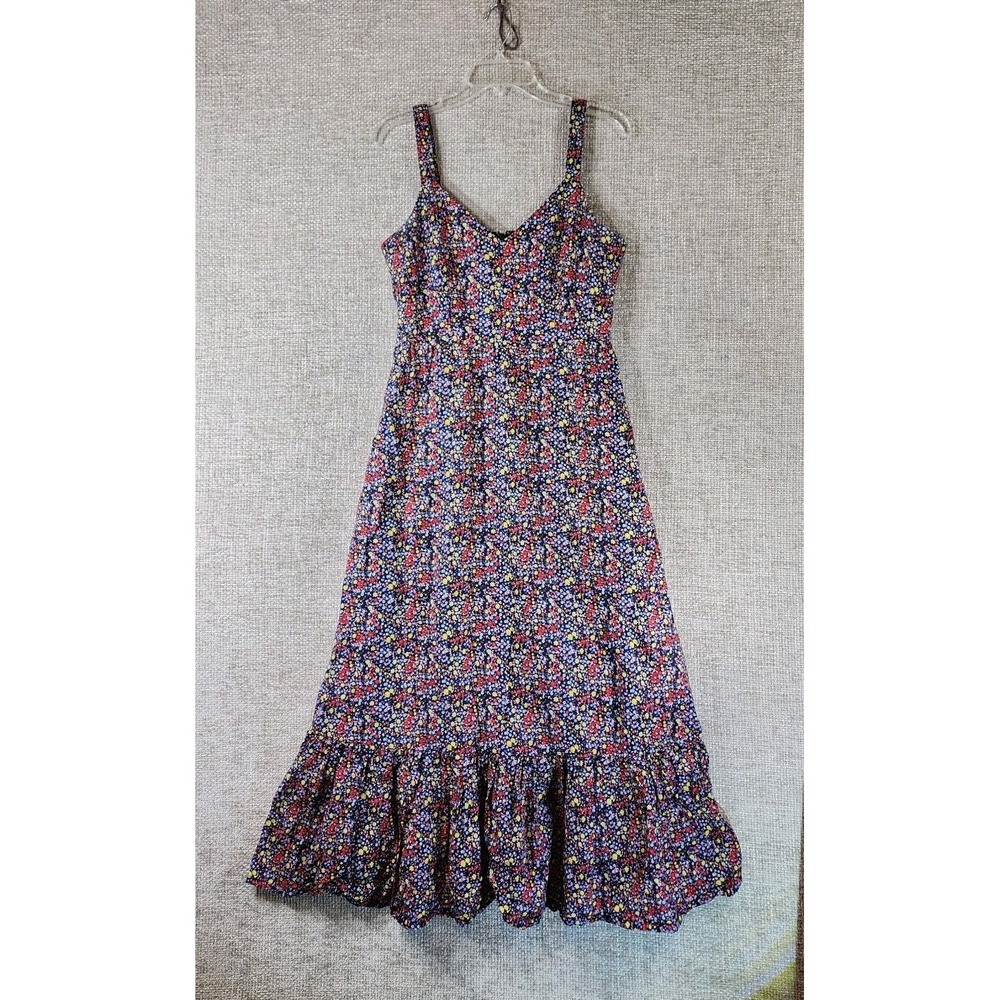 J.Crew Ditsy‎ Floral Linen Blend Sun Dress Womens 6 Navy Ruffled Cottagecore